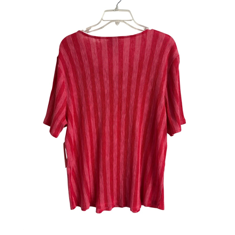 Chicos Crinkle Lace Up Top SS Knit Fashion Coral Fuchsia Stripe Size 2 Large NWT - Picture 2 of 13